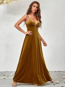 SHEIN Belle 撞色網眼天鵝絨吊帶洋裝 - 黃色 - 查看 5