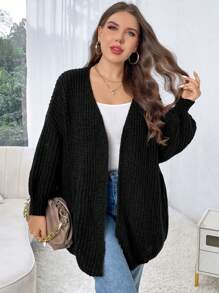 SHEIN Unity 大码纯色落肩开衫 - 黑色 - 查看 5