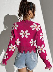 SHEIN Unity 花卉圖案落肩袖破洞毛衣 - 玫紅色 - 查看 2