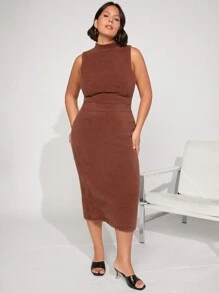 SHEIN BASICS Plus Mock Neck Fluffy Knit Top - Brown - View 3