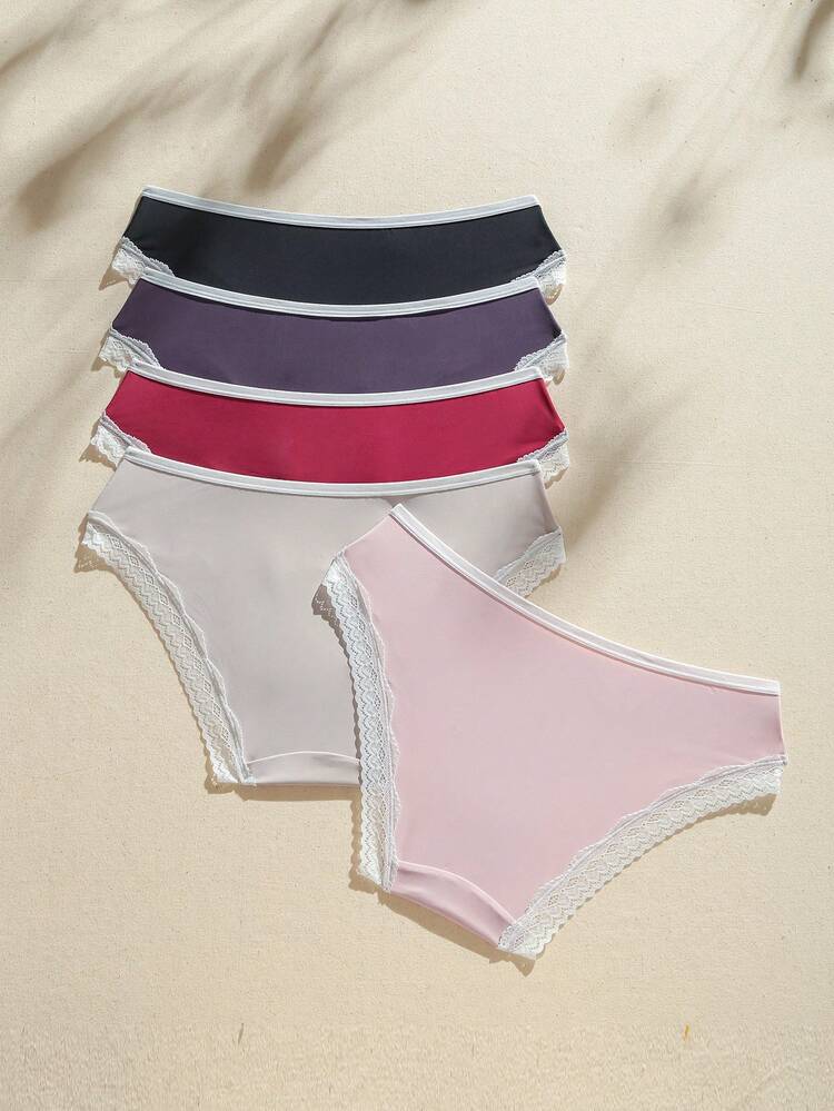 Women's Casual Knitted Fabric Multicolor Plain Lace Trim Briefs Underwear Set Multi Pack