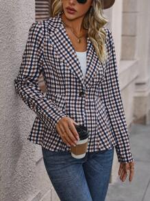 SHEIN Clasi 格紋印花西裝領單釦外套 - 彩色 - 查看 4