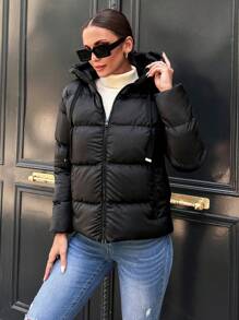 RueChic Zip Up Drawstring Hooded Puffer Coat - Black - View 5