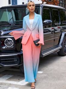 SHEIN Privé Ombre Print Flap Detail Blazer & Pleated Wide Leg Pants - Multicolor - View 5