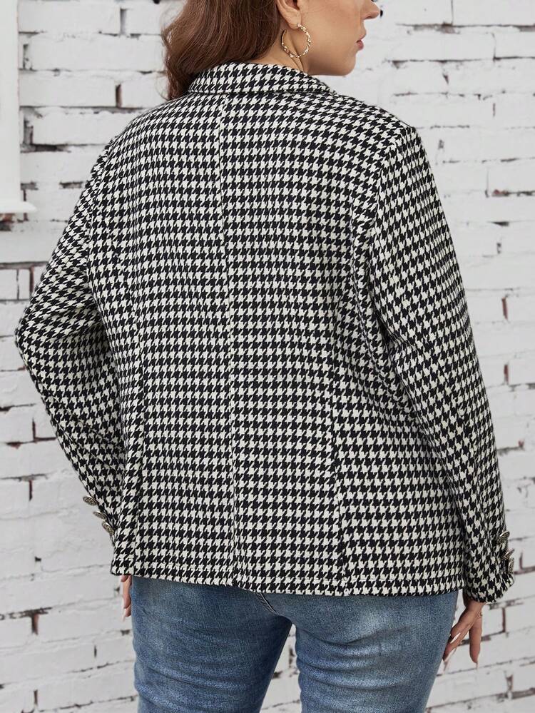 Plus Houndstooth Print Double Breasted Blazer