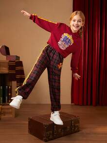 HARRY POTTER X SHEIN 女大童格紋貼布細節側拼接織帶衛褲 - 彩色 - 查看 6