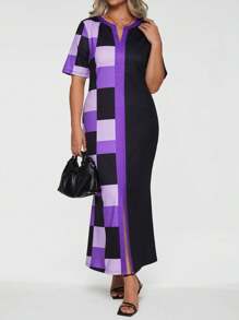 SHEIN Clasi Plus Plaid Print Notched Neckline Split Hem Dress - Multicolor - View 1
