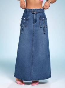 SHEIN ICON 翻蓋口袋腰帶超長牛仔半身裙 - 藍色 - 查看 5