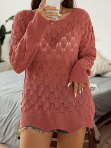 Flirla Plus Pointelle Knit Drop Shoulder Sweater - Redwood - View 6
