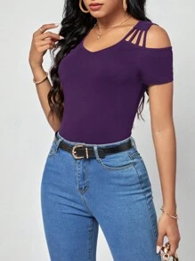 SHEIN Clasi Solid Cold Shoulder Tee - Purple - View 2