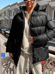 EURMUSE Flap Pocket Hooded Puffer Coat - Black - View 4