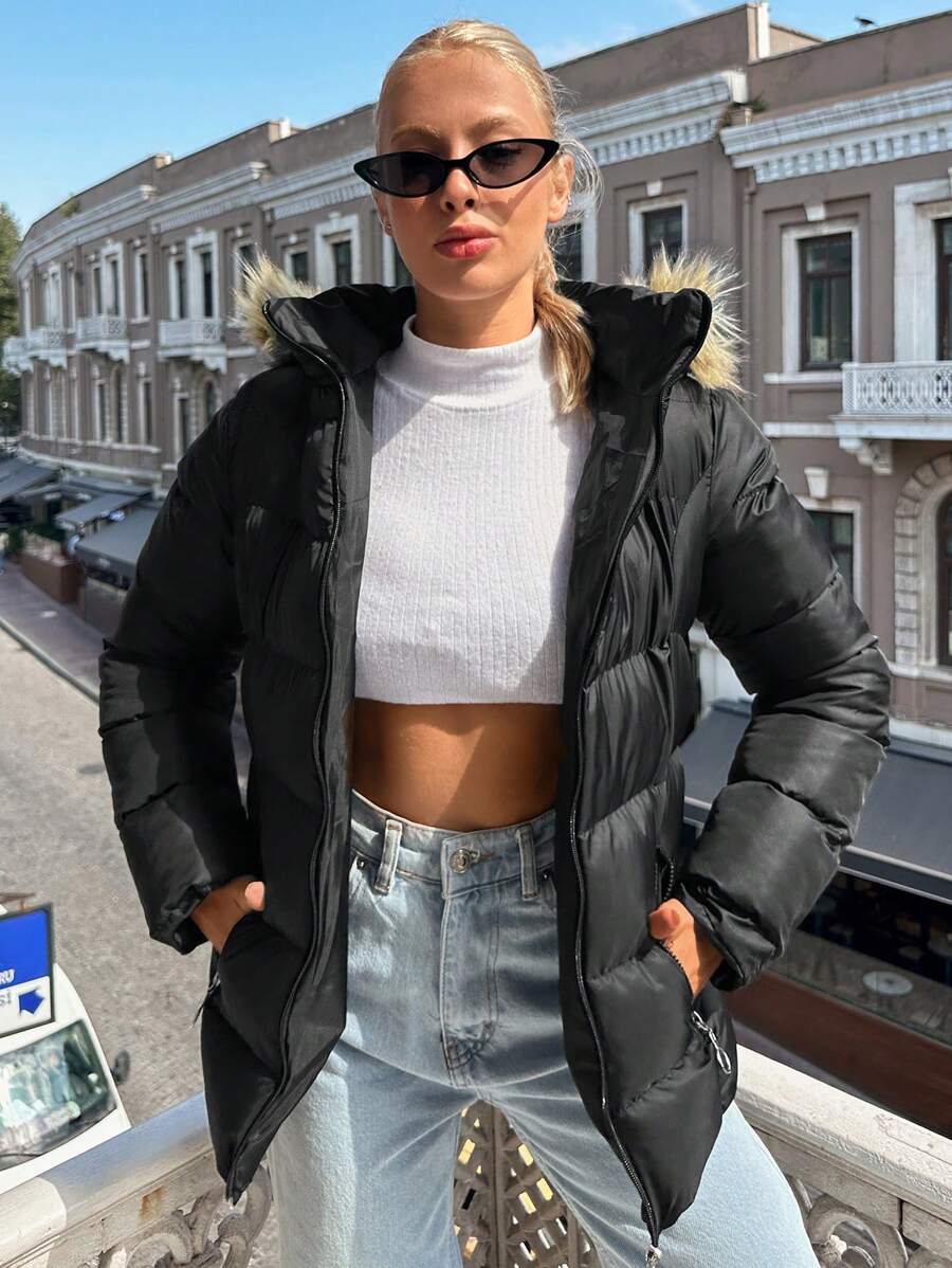 RueChic Fuzzy Trim Hooded Puffer Coat - Black - View 1