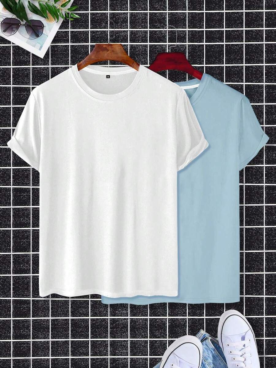 Manfinity 男士2入組素色圓領T恤 - 藍色 - 查看 1