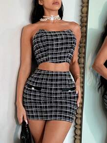 SHEIN SXY Plaid Print Tube Top & Bodycon Skirt - Black - View 5