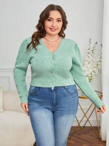 SHEIN Essnce 大碼泡泡袖前紐扣開襟衫 - 綠色 - 查看 4