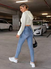 SHEIN Essnce 正面抽繩 正面抽繩 短款運動衫 - 白色 - 查看 2