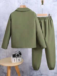 SHEIN Bé trai tuổi teen 1 Miếng Thư được vá Túi có nắp Áo sơ mi & 1 Miếng Quần - xanh quân đội - Xem 2