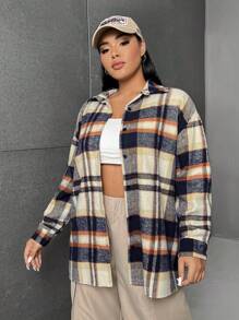 SHEIN EZwear Plus Plaid Print Drop Shoulder Shirt