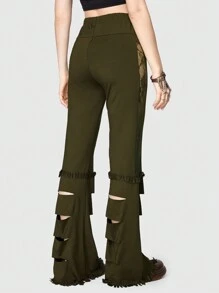 ROMWE Fairycore Quần ống loe cắt ren tương phản - màu xanh lá - Xem 3