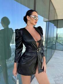 Zolique Solid PU Leather Puff Sleeve Belted Coat - Black - View 4