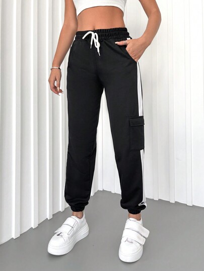 RueChic Contrast Side Seam Flap Pocket Side Drawstring Waist Sweatpants