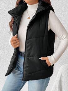 SHEIN Frenchy Plus Zip Up Hooded Vest Padded Coat, For Winter Fall Autumn - Black - View 1