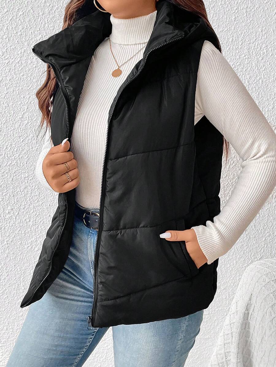 SHEIN Frenchy Plus Zip Up Hooded Vest Padded Coat, For Winter Fall Autumn - Black - View 1