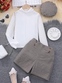 Tween Girl Turtleneck Tee & Plaid Print Shorts - White - View 5