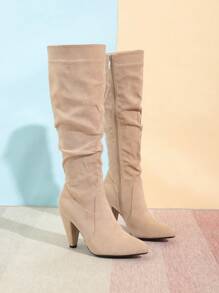 Timesize 女式時尚粗跟圓頭過膝靴 - 杏色 - 查看 4