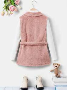 Niñas 1 pieza Abrigo chaleco de cuello cascada con cinturón teddy - Rosa - Ver 2