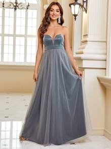 SHEIN Belle Vestido de vestir bajo con malla - Plateado - Ver 3