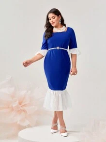Mulvari Plus Robe À Blocs De Couleurs Manches Évasées Sirène (Sans Ceinture)