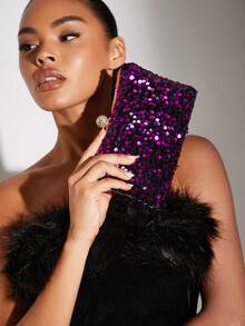 SHEIN BAE Bolso de noche para mujer con forma de caja y lentejuelas - Rosa Fucsia - Ver 3