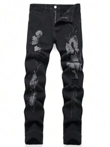 Men Figure Pattern Ripped Jeans - Black - View 1