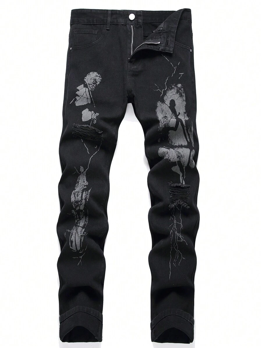 Men Figure Pattern Ripped Jeans - Black - View 1