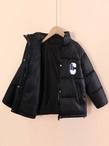 Tween Girl Letter Patched Funnel Neck Padded Coat - Black - View 4