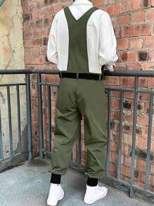 Men Flap Pocket Belted Overalls Without Shirt - Army Green - View 2