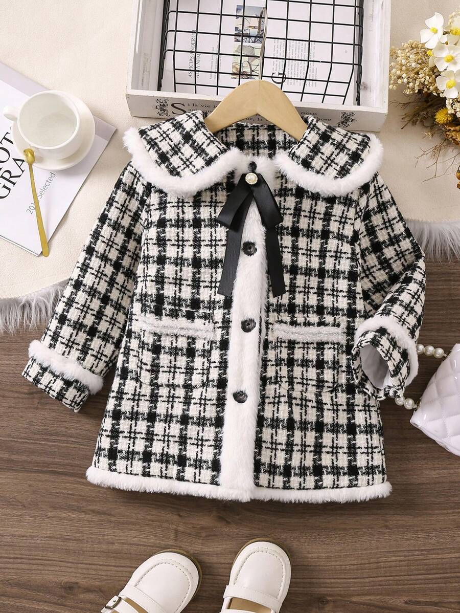 SHEIN Chica Joven Abrigo con patrón de cuadros con lazo delantero cuello marinero tweed - Blanco y Negro - Ver 1
