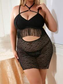 Spicy Aura Plus Fringe Hem Cut Out Lace Slips With Thong - Black - View 3