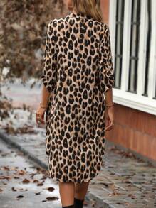 EMERY ROSE Leopard Print Roll Tab Sleeve Shirt Dress Maxi Women Outfit