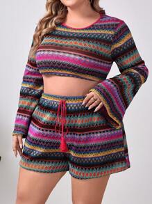 SHEIN VCAY Plus Chevron Pattern Trumpet Sleeve Crop Top & Tie Waist Shorts