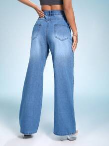 SHEIN ICON Zíper Mosca Acabamento Bruto Perna Larga Jeans - Azul - Ver 2