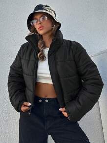 RueChic Plus Zip Up Puffer Coat - Black - View 3