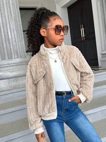 SHEIN Tween Girl Flap Detail Drop Shoulder Flannel Jacket - Khaki - View 1