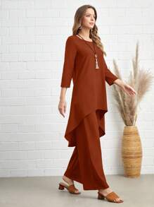 EMERY ROSE Solid High Low Hem Top & Wide Leg Pants - Redwood - View 3