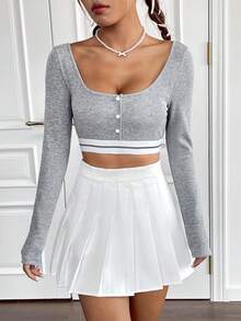 SHEIN EZwear 條紋飾邊短款上衣 - 灰色 - 查看 3