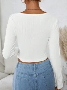 SHEIN EZwear Solid Ribbed Knit Tee - White - View 2