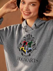 HARRY POTTER X SHEIN Chi tiết thêu Thả vai Dây rút Hoodie - Xám - Xem 6