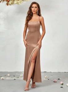 SHEIN Belle Split Thigh Satin Bridesmaid Dress - Champagne - View 3