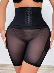 Hook And Eye Front Mesh Panel Shapewear Shorts - Black - View 5